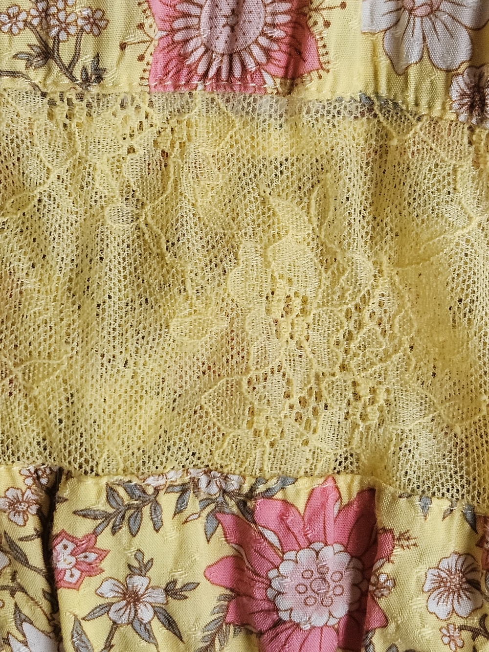 Yellow Pink Floral Boho Faux Wrap Smocked Blouse Lace Size M - Picture 13 of 14